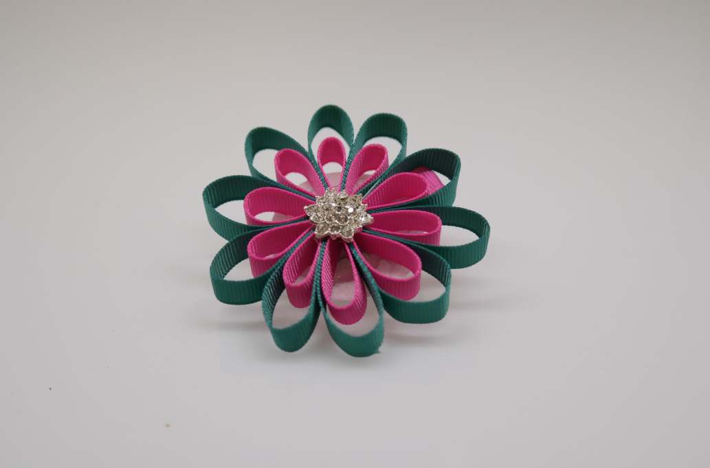 Small petal flower hair Bow with colors  Jade, Hot Pink